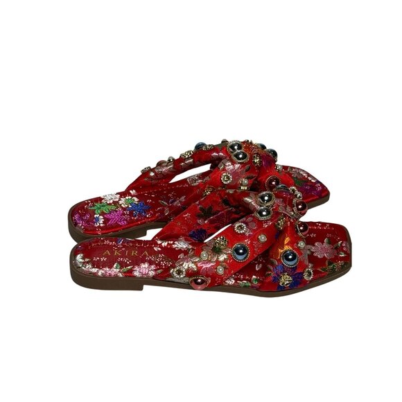 Akira Ramsey Red Satin Floral Jewel Slide Sandals Size 7 | Embellished New - Picture 5 of 11